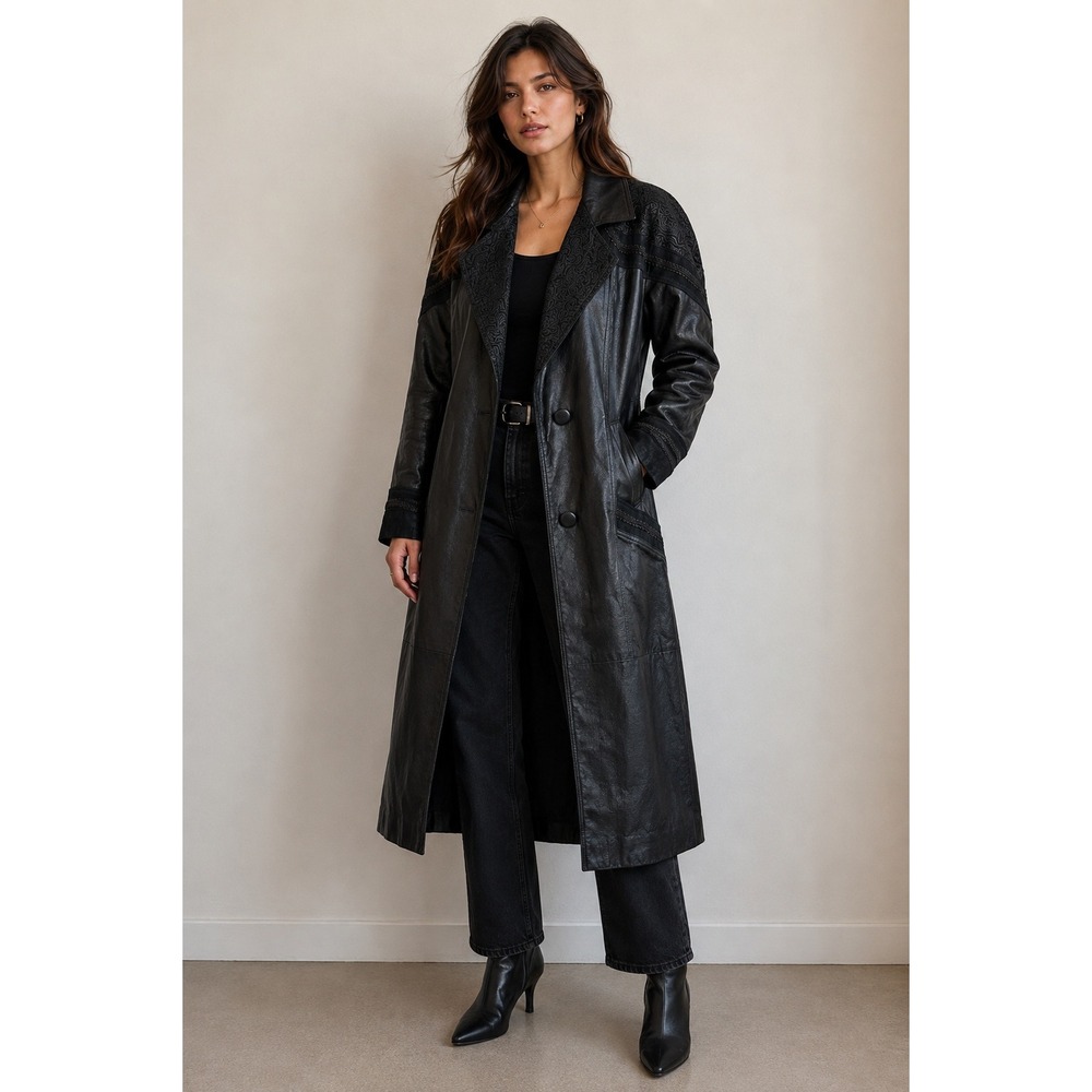 Vintage Winlet Paisley Embroirdered Genuine Leather Trench Coat Grunge Western